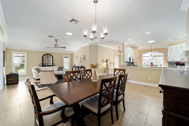 dining space with visible vents, ornamental molding, light tile patterned floors, baseboards, and a chandelier