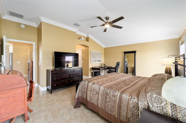 bedroom with arched walkways, ornamental molding, and visible vents