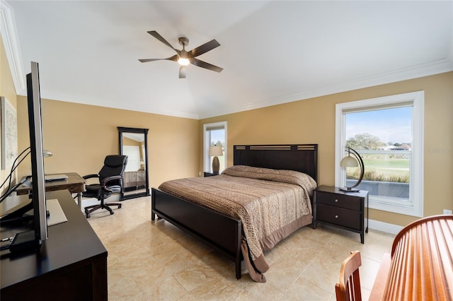 bedroom with ornamental molding and multiple windows