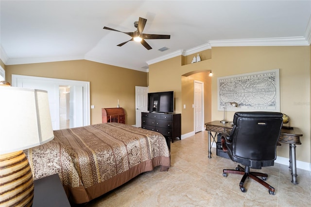 bedroom featuring vaulted ceiling, arched walkways, crown molding, baseboards, and ceiling fan