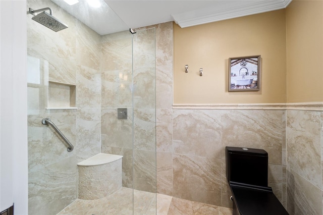 bathroom with walk in shower and crown molding