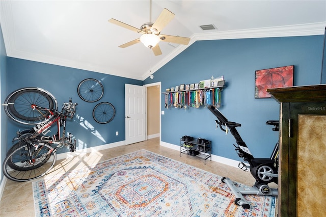 workout room with vaulted ceiling, visible vents, crown molding, baseboards, and ceiling fan