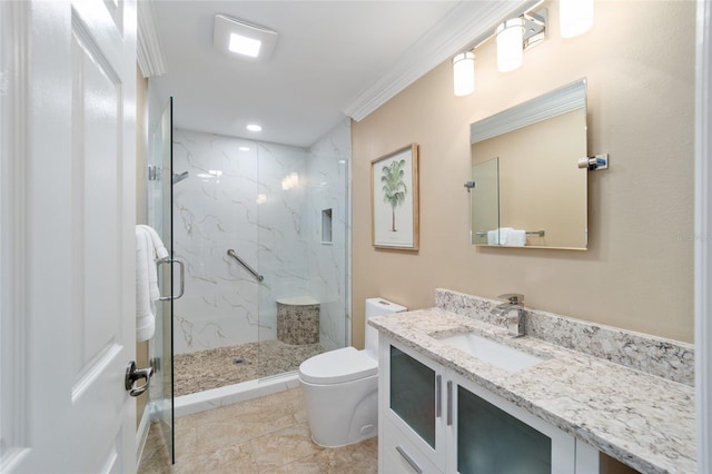 bathroom featuring a marble finish shower, vanity, ornamental molding, and toilet