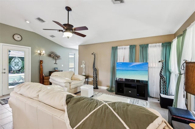 tiled living room featuring vaulted ceiling and ceiling fan