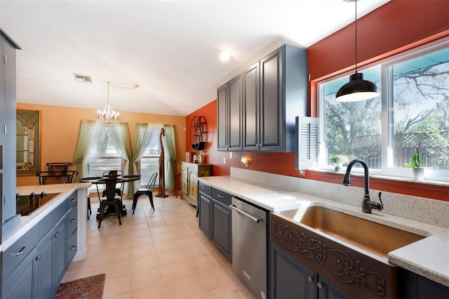 kitchen with sink, black electric cooktop, hanging light fixtures, and dishwasher