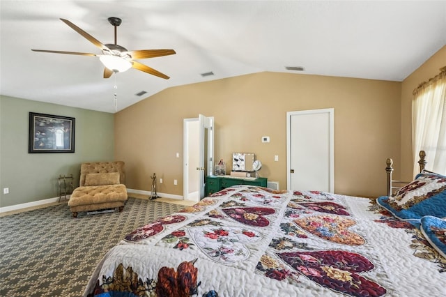 bedroom featuring carpet, vaulted ceiling, and ceiling fan