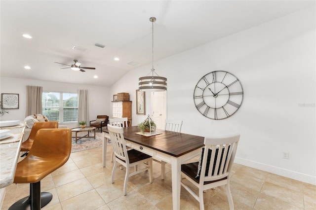 dining room featuring light tile patterned floors, recessed lighting, a ceiling fan, vaulted ceiling, and baseboards