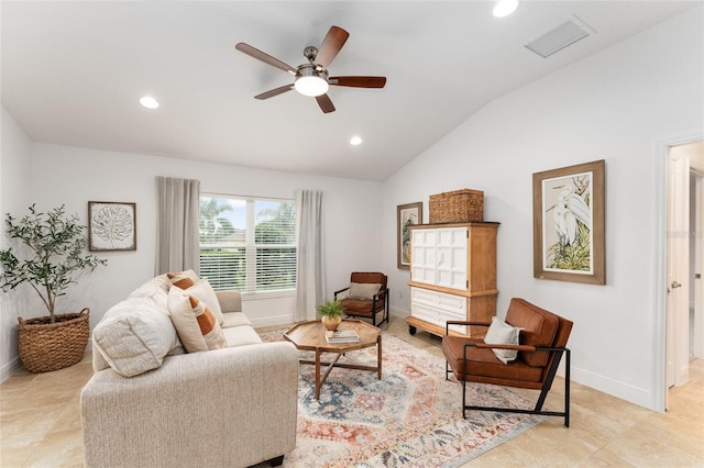 living room featuring lofted ceiling, visible vents, baseboards, and recessed lighting