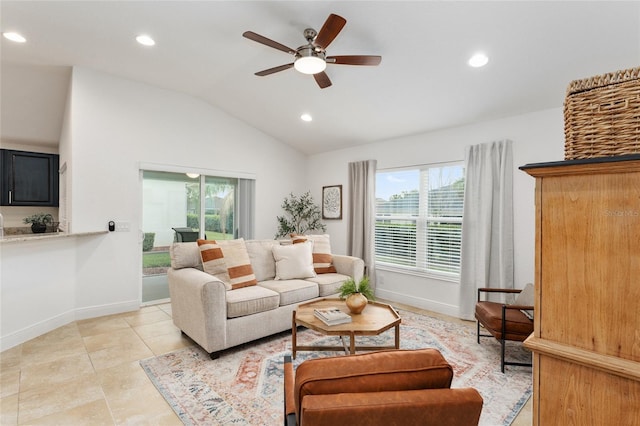 living area featuring light tile patterned floors, baseboards, a ceiling fan, lofted ceiling, and recessed lighting