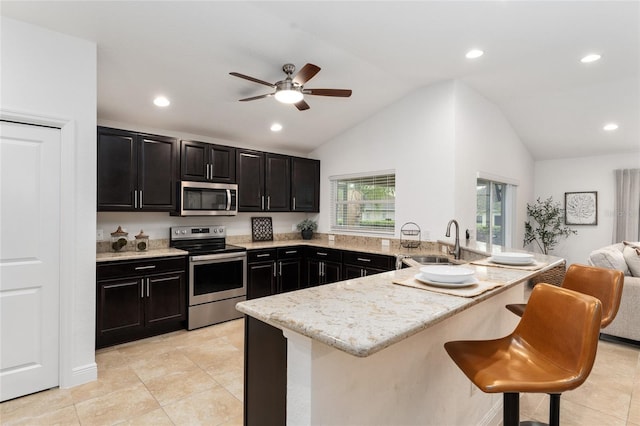 kitchen featuring a breakfast bar area, dark cabinets, stainless steel appliances, a sink, and open floor plan