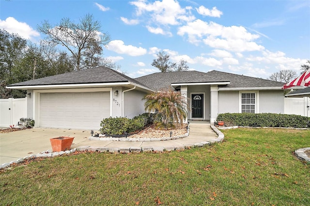 ranch-style house featuring a front yard and a garage