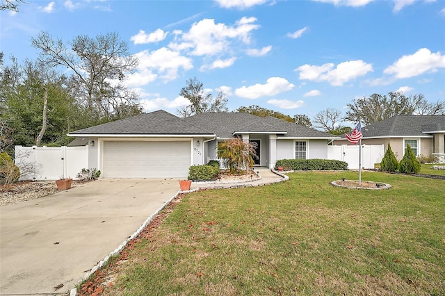 single story home featuring a front yard and a garage