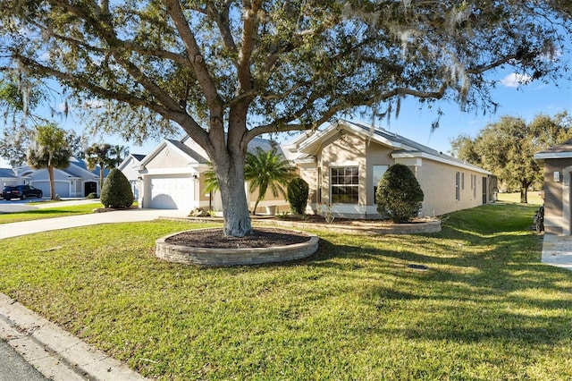 ranch-style house with a front yard and a garage