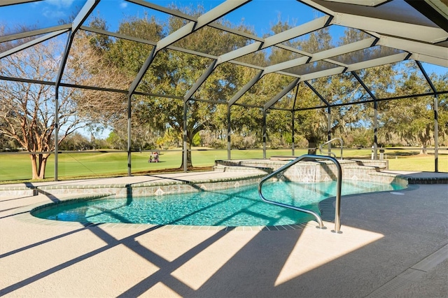 view of swimming pool with a patio, a lawn, and glass enclosure