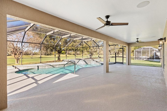 view of pool featuring a yard, a lanai, and a patio area