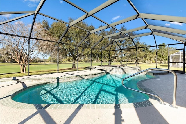 view of pool with a patio area, a jacuzzi, and glass enclosure