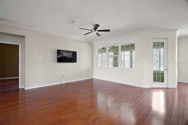 unfurnished living room with ceiling fan, dark wood-style flooring, visible vents, and crown molding