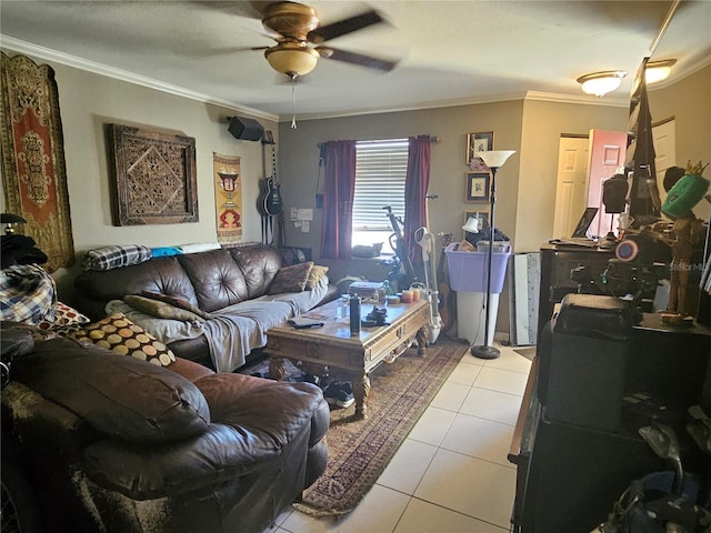 living room featuring light tile patterned flooring, crown molding, and ceiling fan