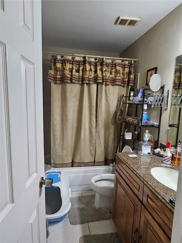 full bathroom with shower / bath combination with curtain, visible vents, toilet, vanity, and tile patterned flooring