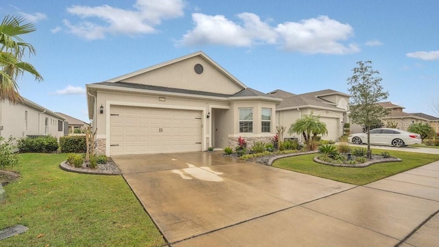 ranch-style home with driveway, a garage, a front lawn, and stucco siding