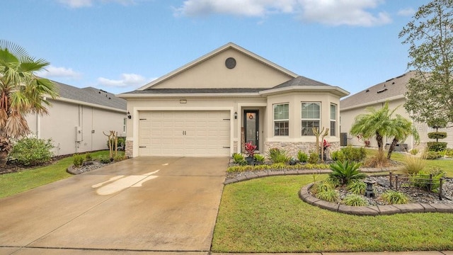 single story home featuring driveway, stone siding, stucco siding, an attached garage, and a front yard