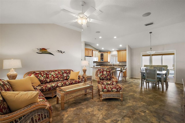 living room featuring vaulted ceiling, baseboards, visible vents, and a ceiling fan