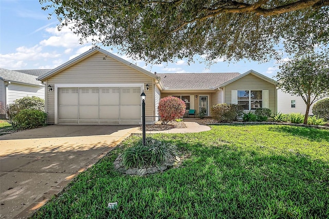 single story home with an attached garage, a front lawn, and concrete driveway