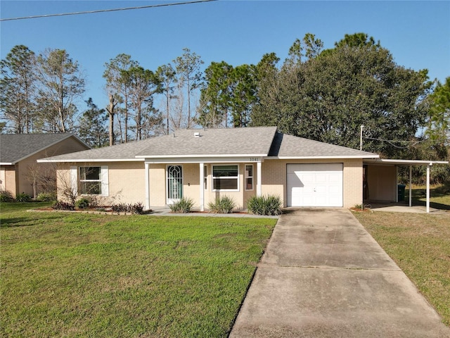 single story home with an attached garage, brick siding, driveway, roof with shingles, and a front lawn