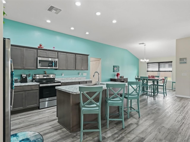 kitchen featuring a kitchen island with sink, a sink, visible vents, appliances with stainless steel finishes, and decorative light fixtures