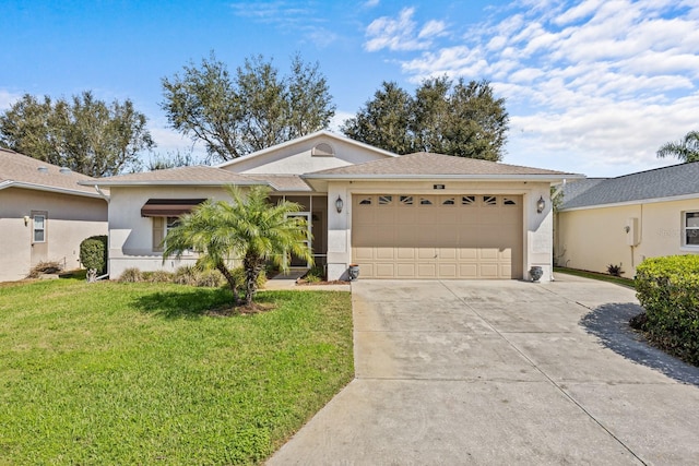 ranch-style home with a garage, driveway, a front yard, and stucco siding