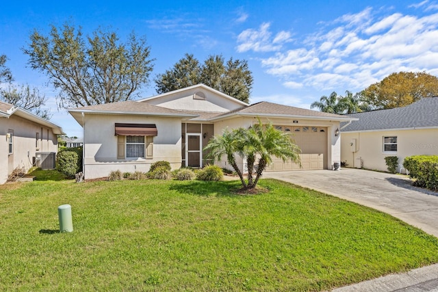 ranch-style home with a front yard, concrete driveway, an attached garage, and stucco siding