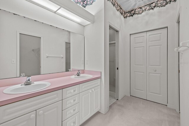 bathroom featuring a closet, a sink, and double vanity