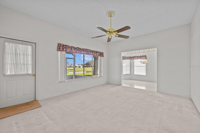 empty room with carpet, a healthy amount of sunlight, and a textured ceiling