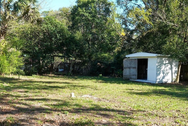 view of yard featuring a storage shed