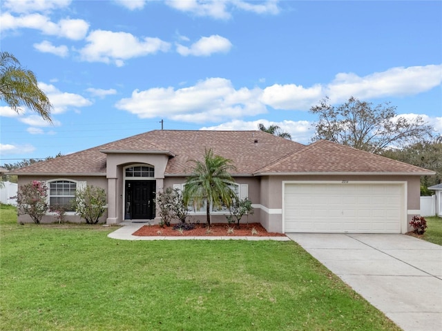 view of front of property featuring an attached garage, a shingled roof, driveway, stucco siding, and a front lawn