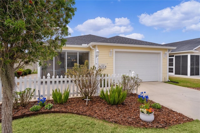 view of front facade featuring an attached garage, a shingled roof, fence, and concrete driveway