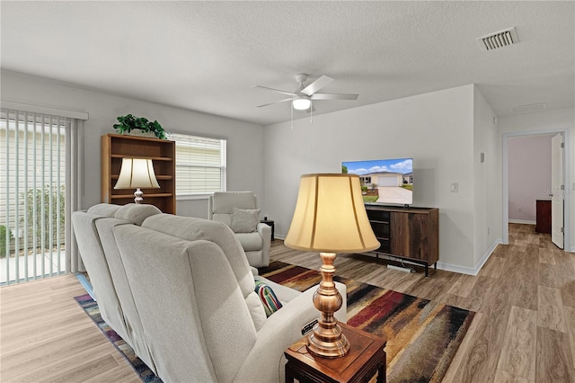 620 Vagabond St, The Villages, FL 32163 - living room with light wood-type flooring, visible vents, baseboards, and a textured ceiling