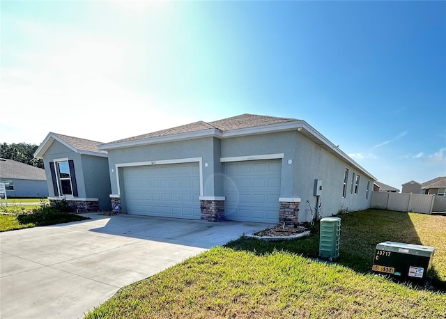 view of property exterior featuring a garage, stone siding, concrete driveway, and stucco siding