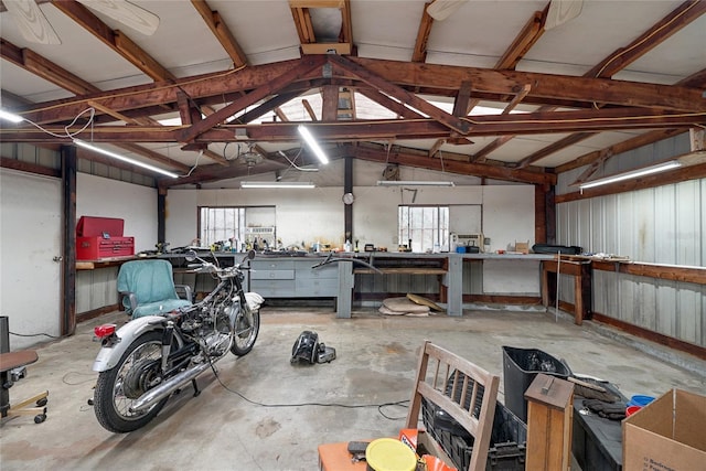 garage with a workshop area