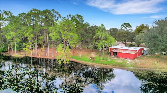 bird's eye view with a forest view and a water view