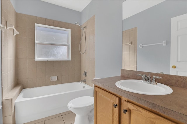 full bathroom with toilet, bathtub / shower combination, vanity, and tile patterned floors