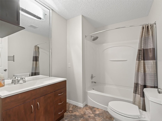 full bath with shower / tub combo, visible vents, toilet, a textured ceiling, and vanity