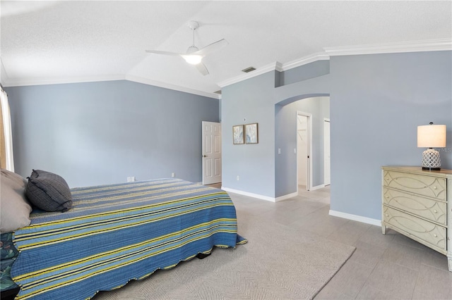 bedroom with crown molding, arched walkways, vaulted ceiling, and baseboards