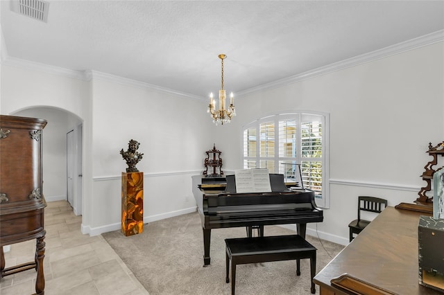 living area featuring light carpet, visible vents, arched walkways, and ornamental molding