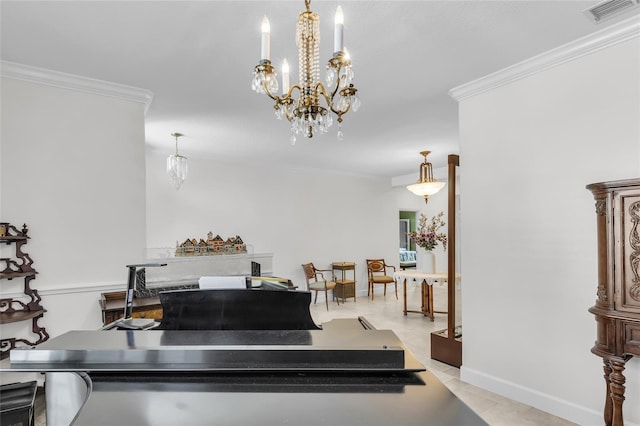 interior space featuring ornamental molding, a chandelier, and visible vents