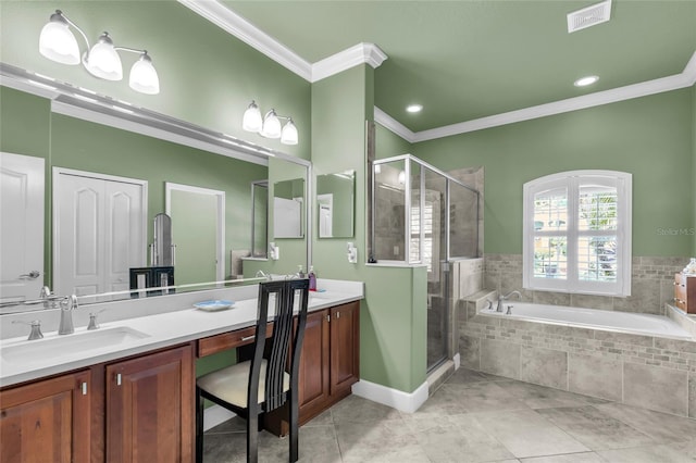 full bath with crown molding, visible vents, a bath, and vanity