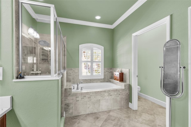 bathroom with toilet, a garden tub, a shower stall, and crown molding