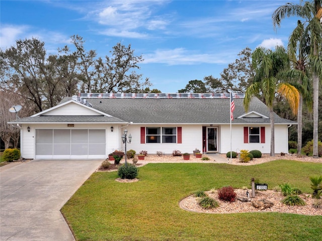 single story home with driveway, a shingled roof, a garage, and a front lawn