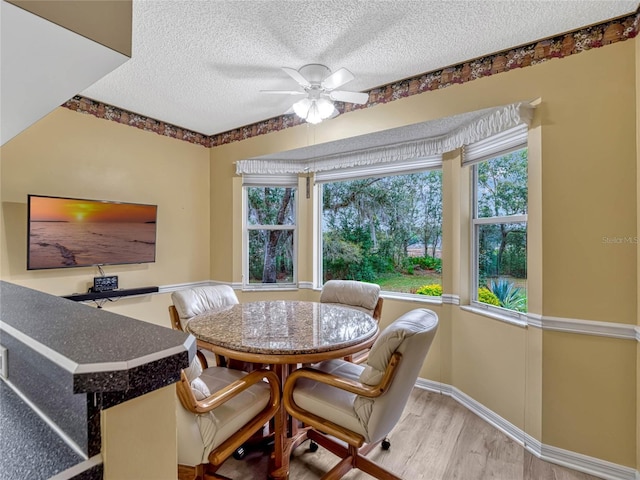 dining room featuring plenty of natural light, light wood-style flooring, baseboards, and a textured ceiling