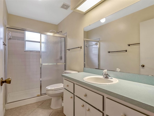 full bath with toilet, a stall shower, tile patterned flooring, and vanity